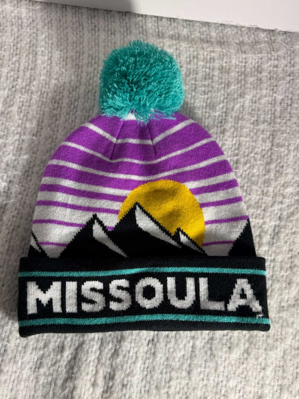 ☂️Missoula Retro Pom Beanie~ Purple Stripe Mountain Graphic☀️